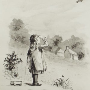 Original Pen & Ink Sketch, &#39;Child Observing a Bird&#39;, Dated 1884, Artist Unknown