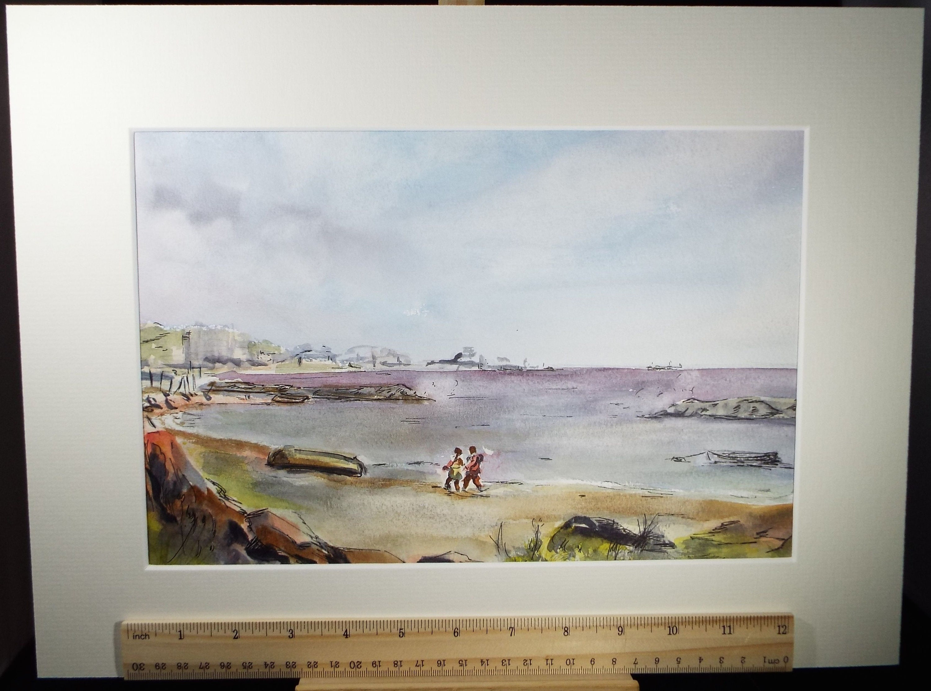 市場の風景 水彩画 作者不明 オリジナル水彩画「浜辺の人物たち
