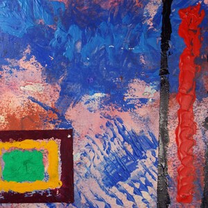 May include: Abstract painting with a pink, blue, and red background. The painting features two squares, one with a green and yellow inner square, and the other with a red inner square.