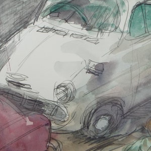 Original Watercolour, &#39;Ford Anglia with Figure&#39;, 1960&#39;s, William D Clyne (1922-1981)