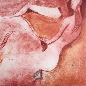 May include: Abstract print in shades of red and orange. The artwork depicts two figures in a reclining pose, with flowing lines and a textured appearance. The print has a vintage aesthetic.