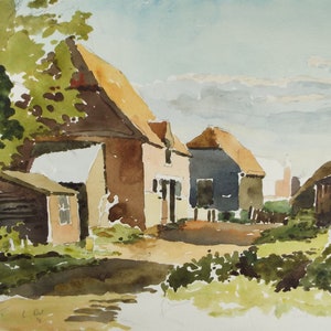 May include: Watercolor painting of a rural scene with several buildings, including a barn with a thatched roof, a smaller building with a shed roof, and a house with a gable roof. The buildings are painted in shades of brown, gray, and pink, and the scene is set against a cloudy sky.