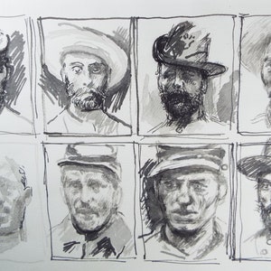 May include: A black and white drawing of eight men's faces. Each face is drawn in a different style, with some men wearing hats and others not. The drawings are all done in a realistic style.