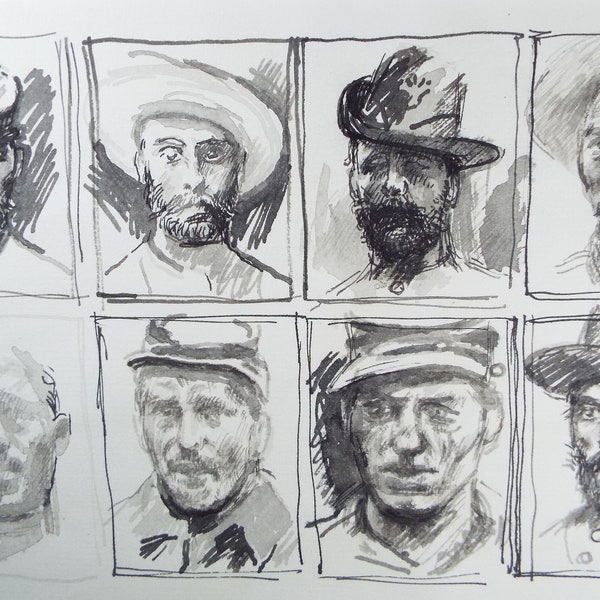 Original Pen and Black Wash Sketch  'Portraits of American Soldiers in Civil war Uniform', c1990s,  Michael Stennett (British 1946-2020)