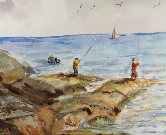 絵画「渓流の釣り」　水彩画 Watercolor painting summer fishing river - 夏の釣り川 水彩画