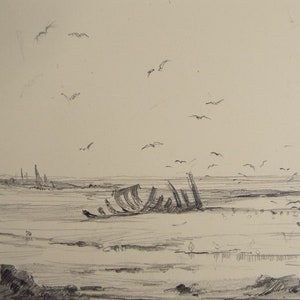 Original Pencil Drawing, &#39;Boat skeleton on the shore&#39;, Circa 1920&#39;s, Nan C. Livingstone (1876-1952)
