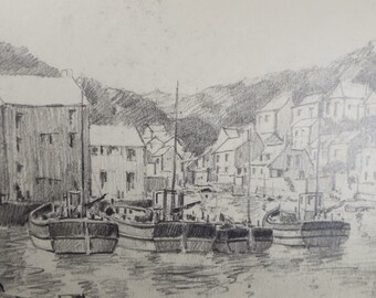 Original Pencil Drawing, Fishing Village with boats', circa 1990's , Artist Unknown