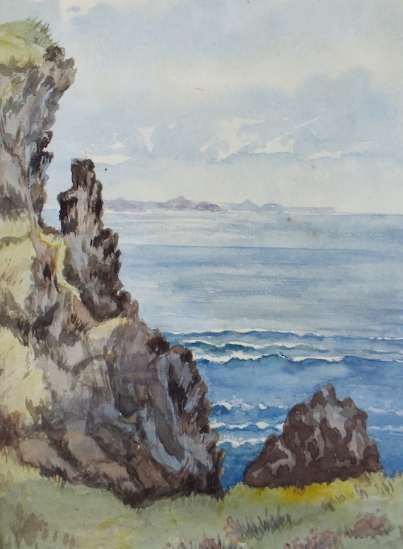 海岸の崖」のオリジナル水彩画、1890 年頃、作者不明 - Etsy 日本