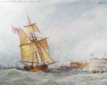 Original watercolour, 'Naval Cutter leaving Portsmouth ', 1998, David Beer b1936