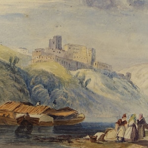Original Watercolour, &#39;Boats and figures below the Castle&#39; Mid 19th Century, Artist Unknown