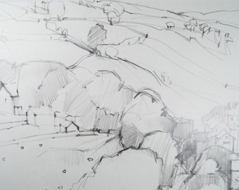 Original Pencil  Drawing, 'Landscape  with Buildings', circa 1970's Douglas Pittuck (1911-1993)