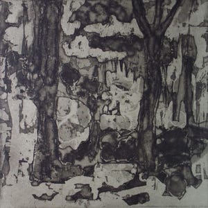 May include: Abstract black and white artwork of a forest scene. Dark tree trunks and branches are set against a lighter background with cloud-like shapes. The artwork has a textured appearance.