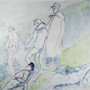 Original Watercolour & Gouache, &#39;Figures on a hillside above mine workings&#39;, Ivy T. Attwell (20th Century, British)