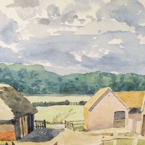 May include: Watercolor painting of a rural landscape with two farm buildings. The buildings have thatched roofs and are painted in shades of brown and pink. The background features a rolling green hill and a cloudy sky.