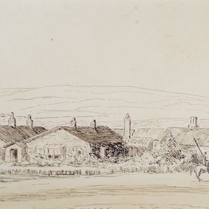 Original Pen & Ink, late 19th Century, &#39; Barracks with Mounted Figure&#39;, Unknown Artist