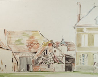 May include: Watercolor painting of a group of buildings with a brown, green, and white color scheme. The buildings have a variety of architectural styles, including a tall, narrow building with a pointed roof and a shorter, wider building with a flat roof. The painting is done in a realistic style and captures the details of the buildings.