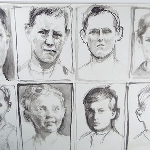 May include: A collection of eight black and white ink drawings of people's faces. The drawings are simple and expressive, capturing a range of emotions.
