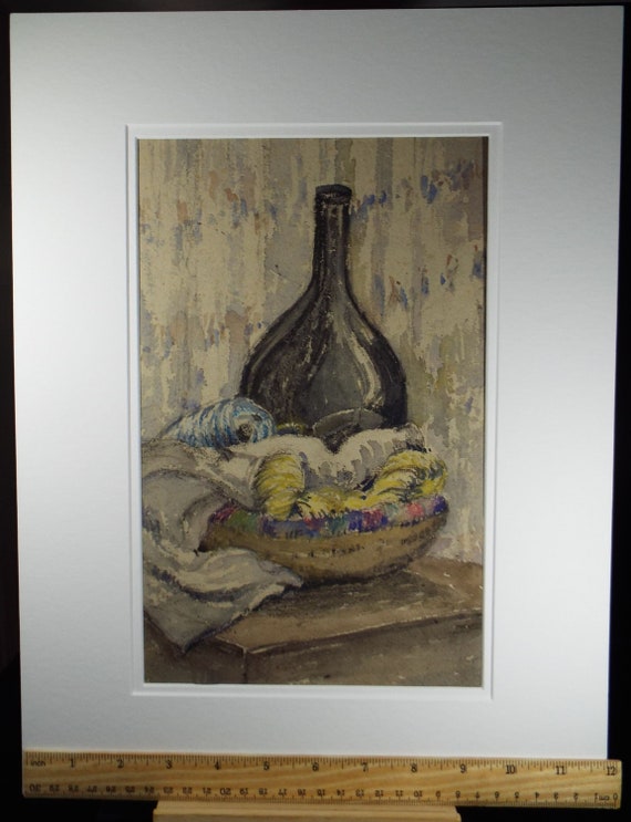 1930年代の静物画：木炭と水彩、瓶とクロワッサン - Etsy 日本