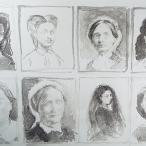 May include: A collection of eight black and white ink drawings of women's faces. The drawings are in a grid format, with four rows and two columns. Each drawing is framed by a thin black line.