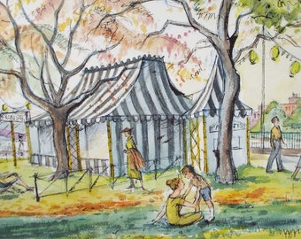 Original Watercolour & Ink, 'Palmreader in the Park ', Circa 1990's , Joyce Letchford