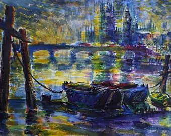 オリジナル水彩画、「係留された船」、マイケル A. バッシー (1930