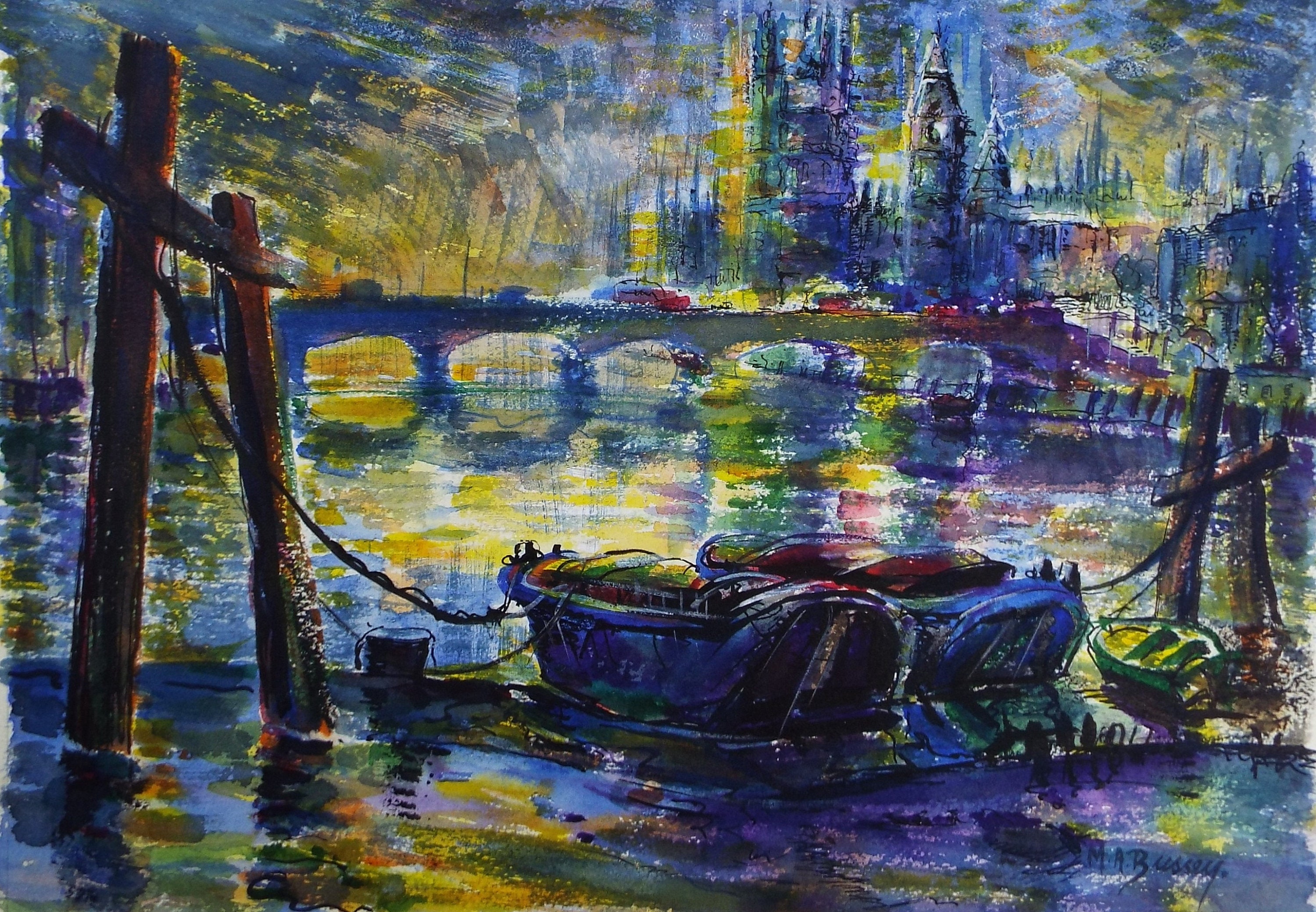 オリジナル水彩画、「係留された船」、マイケル A. バッシー (1930