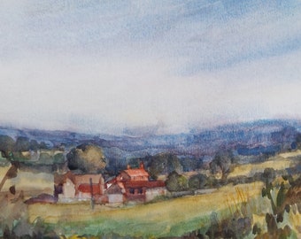 Original Watercolour, 'Farmstead in a Green Landscape , Muriel Hayden Inwood, circa 1970's