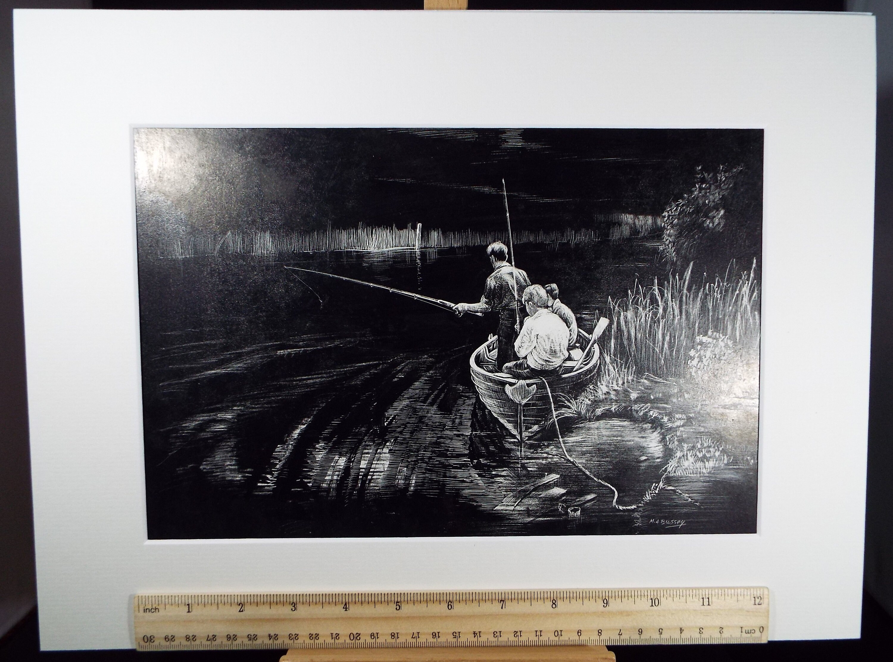 Original Etching on Scraperboard 'fishing on the Norfolk Broads ...