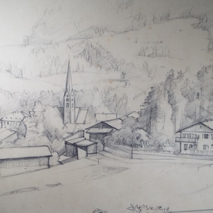 Original Bleistiftzeichnung, &#39;Mieders Austria&#39;, um 1950, Douglas Pittuck (1911-1993)