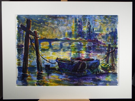 オリジナル水彩画、「係留された船」、マイケル A. バッシー (1930