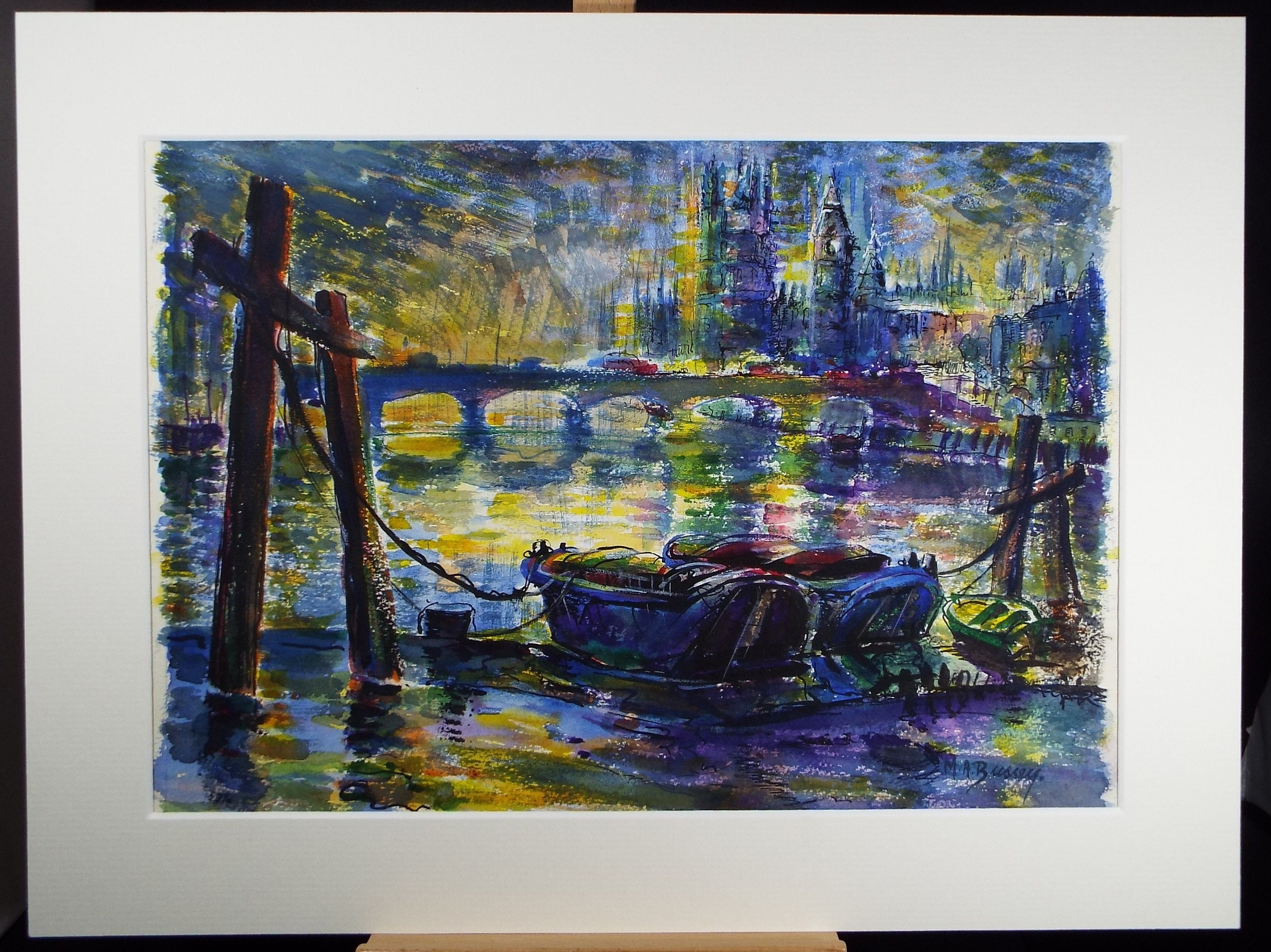 オリジナル水彩画、「係留された船」、マイケル A. バッシー (1930