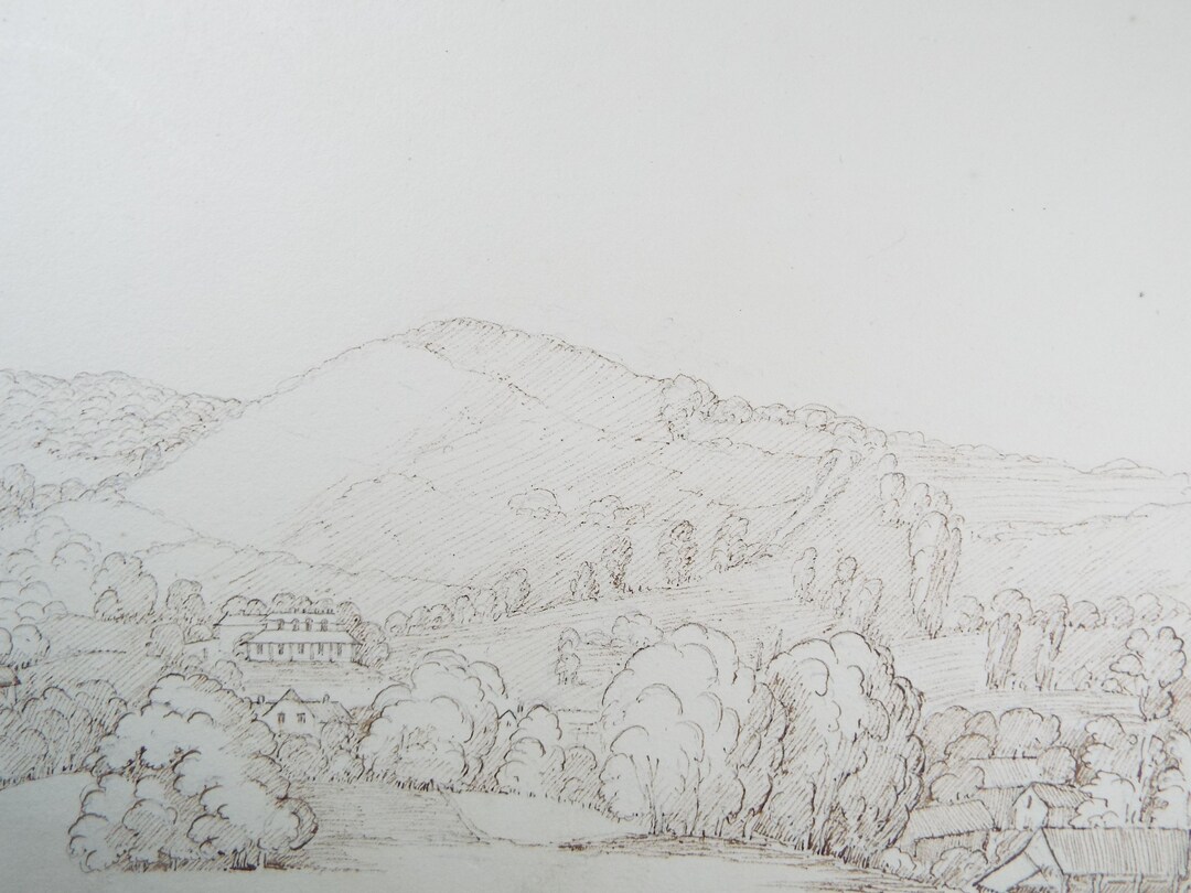 Antique Pen & Ink Landscape Drawing, C1820s, 'village in a Valley ...