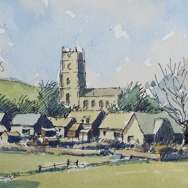 Original Watercolour Drawing, 'Rural Village with Church',  c1980's,  Artist Unknown