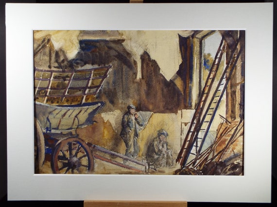 水浴 オリジナル水彩画、「人物のいる納屋」、ヒルダ・バーフォード