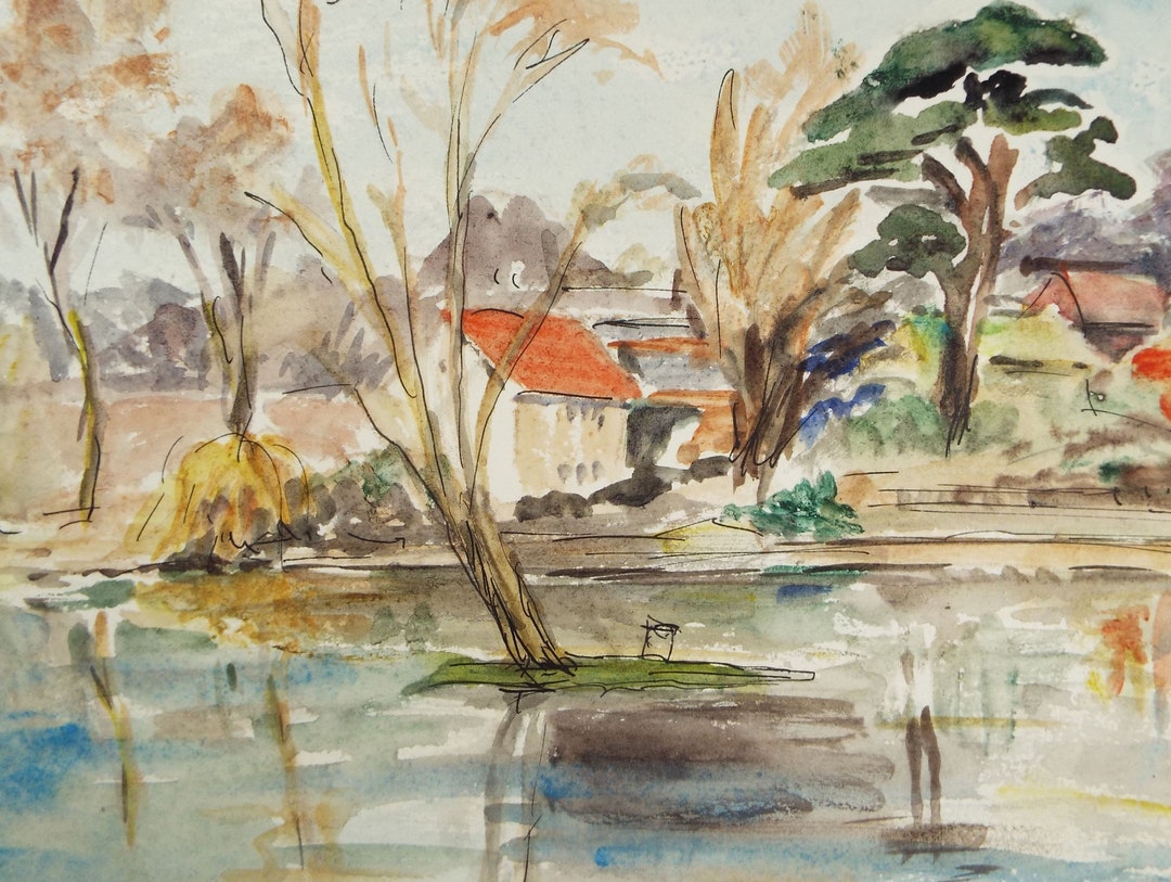 Watercolour Riverside Original Watercolour , 'riverside House' Circa 1950's, Unknown Artist ...