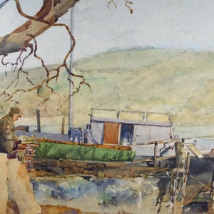 May include: A watercolor painting of a man sitting on a wooden structure near a boat. The boat is docked and has a green tarp covering the top. The background is a hillside with a tree branch in the foreground.