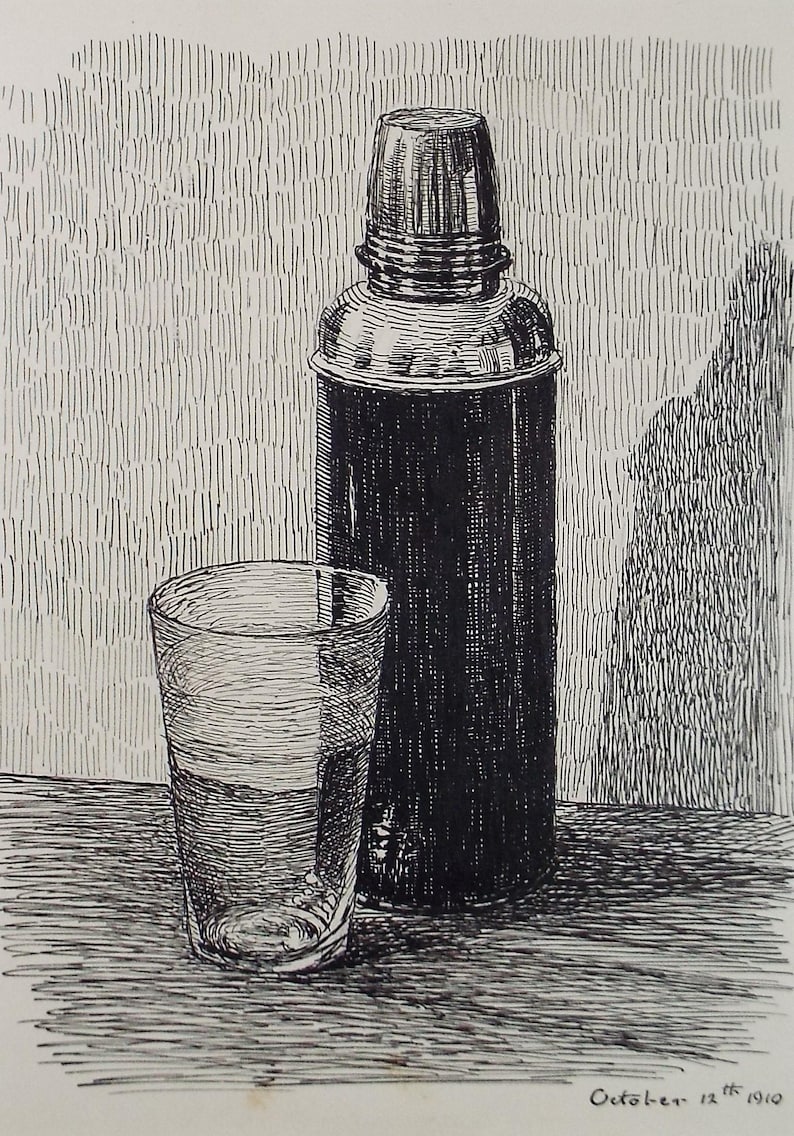 Original Pen and Ink Still Life Sketch: Flask & Glass, 1910 - Etsy