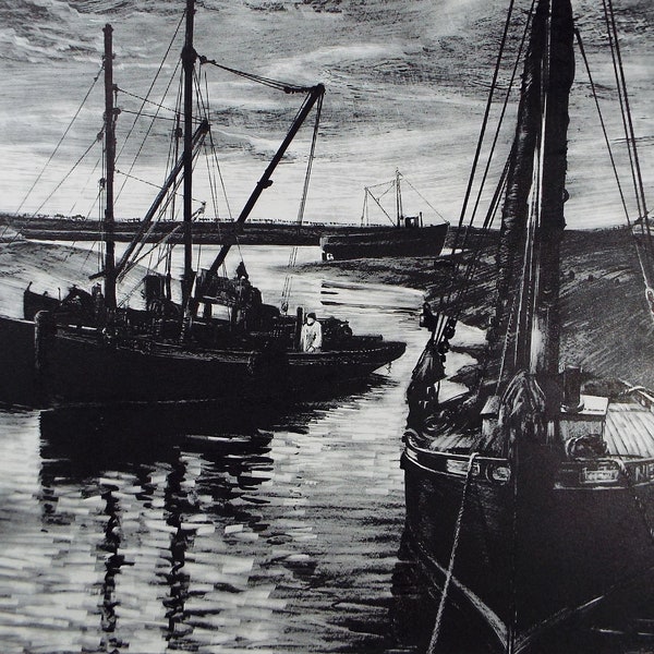 Original Etching on Scraperboard 'Fishing Boats on the Creek' , Michael A. Bussey, circa 1960's