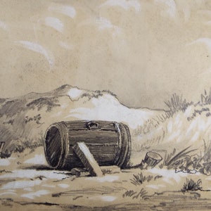 May include: A black and white pen and ink drawing of a wooden barrel lying on its side in a grassy field. The barrel is resting on two wooden supports. The background shows a hill and a cloudy sky.
