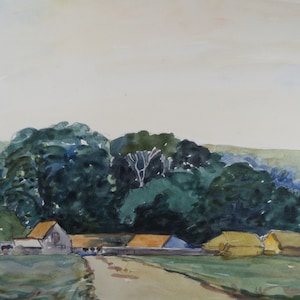 May include: A watercolor painting depicting a rural landscape with a cluster of farm buildings nestled amongst a grove of trees. The buildings have orange and yellow roofs, and a dirt road leads towards them.
