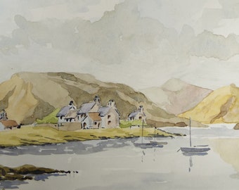 Original Watercolour, 'Lake with cottages and Hills', c1990's, Unknown Artist