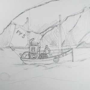 May include: A black and white pencil drawing of a small fishing boat with two people on board. The boat is labelled "FY30" and is sailing in front of a mountain range.
