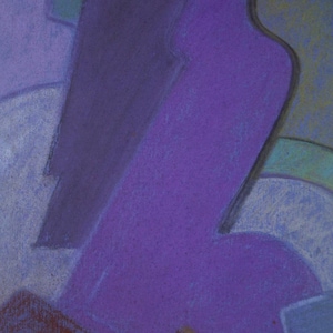 May include: Abstract artwork with a focus on geometric shapes and color. The composition features a large, curved purple form dominating the center, with other shapes in shades of blue, green, and brown. The artwork has a textured, pastel-like appearance.