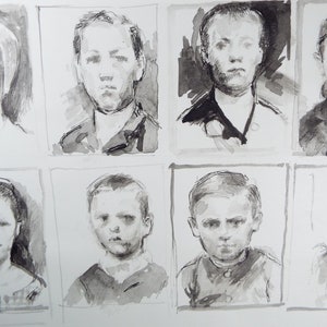 May include: A collection of nine black and white ink drawings of people's faces. The drawings are simple and expressive, with a focus on the eyes and mouth.