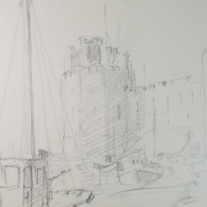 Original Pencil Drawing, &#39;Castle Tower with moored boats&#39;, Artist Unknown, Circa 1950&#39;s