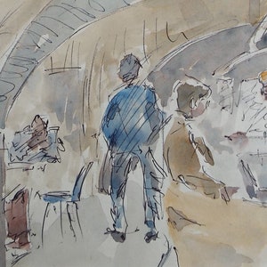 May include: A watercolour painting depicting a group of people in a dimly lit room. The people are standing and sitting around a table, with one person standing out in the centre wearing a blue jacket. The painting is done in a loose, gestural style, with a focus on capturing the atmosphere of the scene.