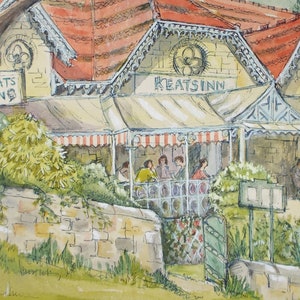 May include: A watercolor painting of a building with a red roof and white trim. The building has a sign that says "KEATS INN" and there are people sitting on the porch. The building is surrounded by green trees and bushes.