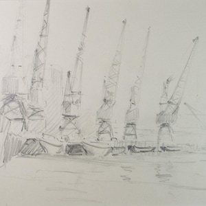 Original Pencil Drawing, &#39;Thames Cranes&#39;, Artist Unknown, Circa 1950&#39;s