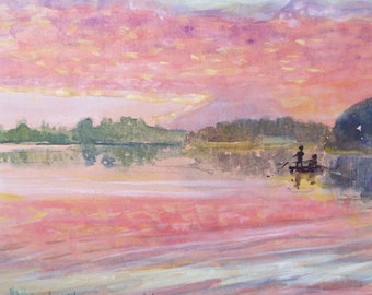 Original Watercolour on Paper, &#39;Fishing at Sunset&#39;  circa 1980&#39;s, Dorothy Litherland