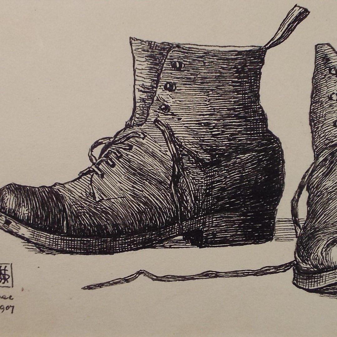 Original Pen & Ink Sketch, 'study of Boots', S A Southern, Dated 1907 ...